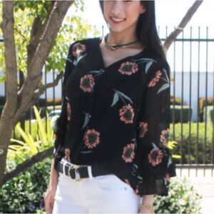 CAbi La Di Da Black Sunflower Floral Sheer Blouse Top Style 5206 Women Size XS